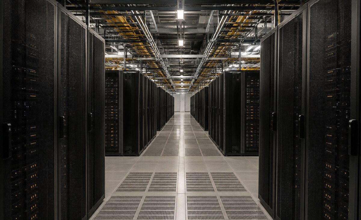Modern data centre server hall with coordinated technical infrastructure