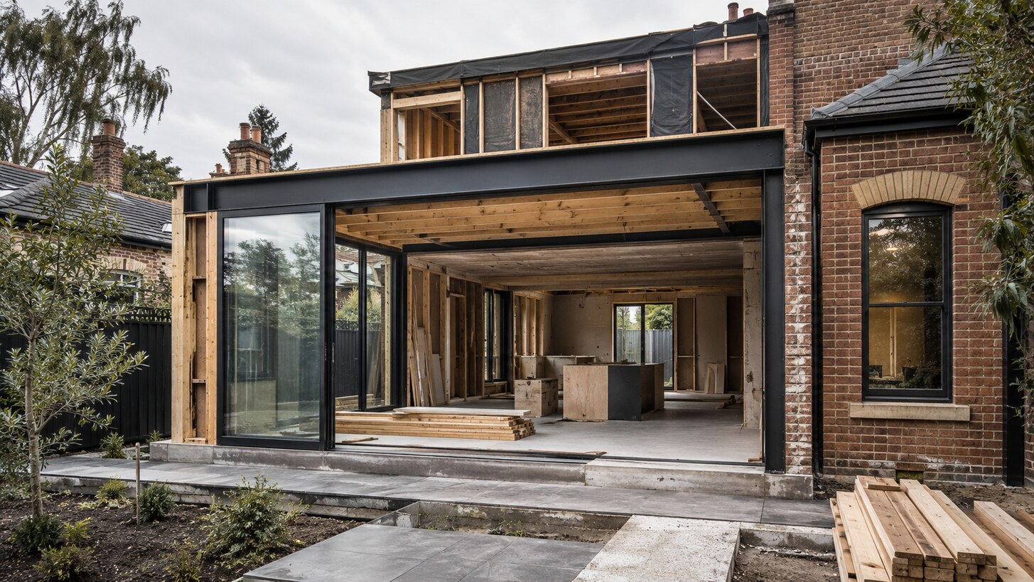 Existing brick home undergoing a contemporary extension and major refurbishment