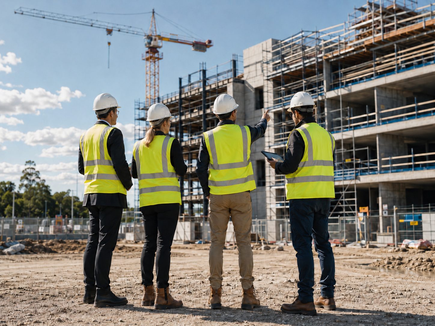 Construction project team reviewing works on site