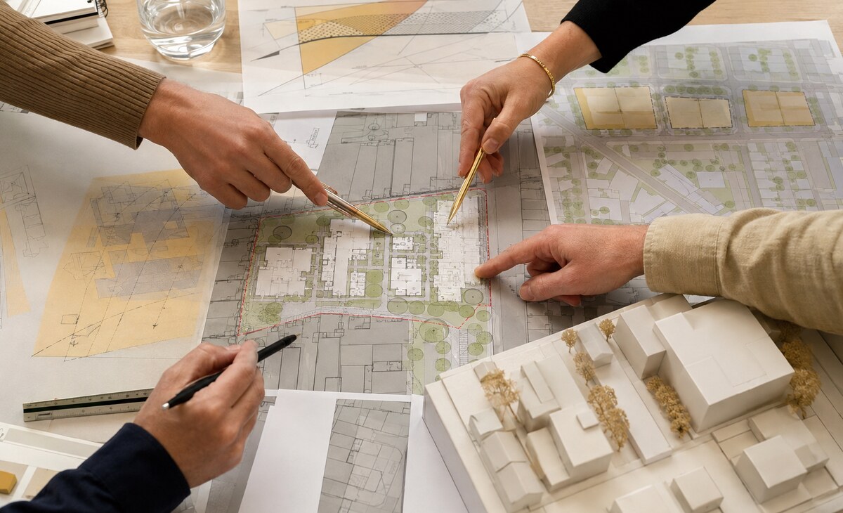 Architect and planning consultant team coordinating a town planning application